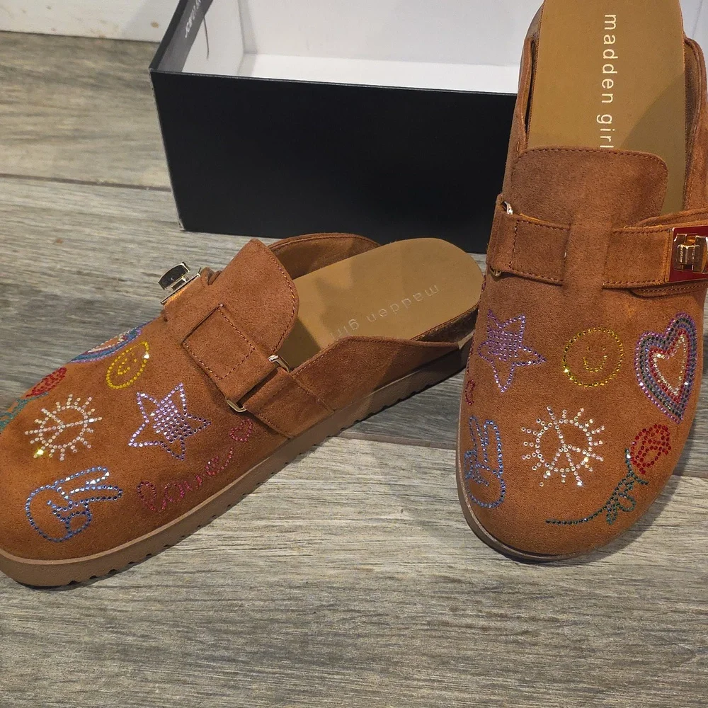 Madden Girl Brown Embroidered Slide Mules